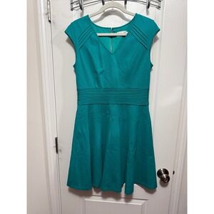 Eliza J Teal green V‎ Neck Cap Sleeve Pleated Fit Flare Dress Size 12 classic